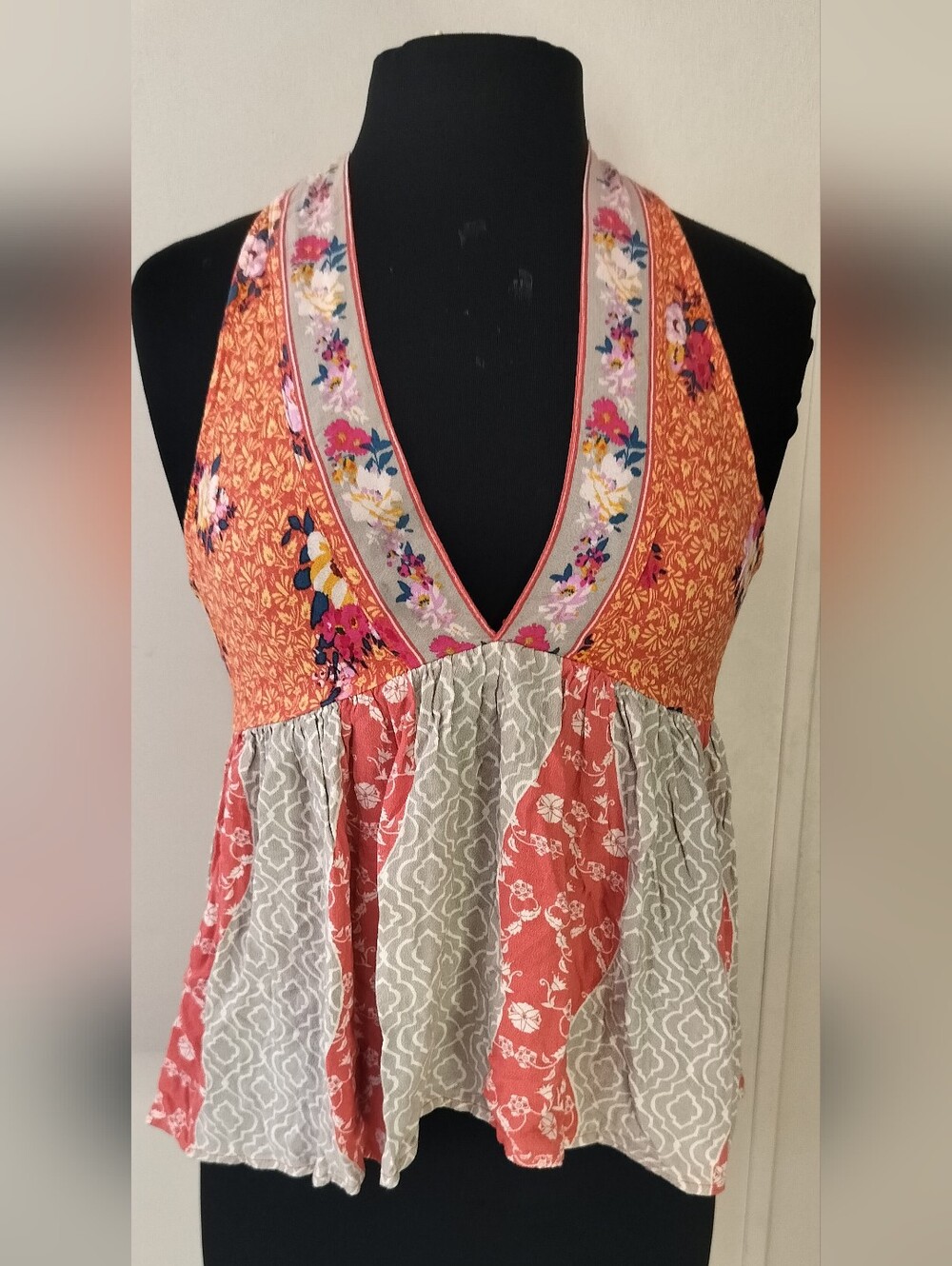 Free People Orange and Coral Floral Patchwork Halter Camisole